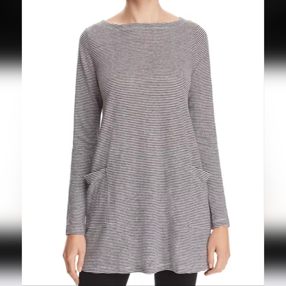 Eileen Fisher Striped Boatneck Linen Tunic With Pockets